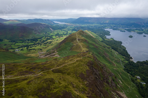Aerial summer view in cloudy Catbells Walking Route, Lake District, United Kingdom