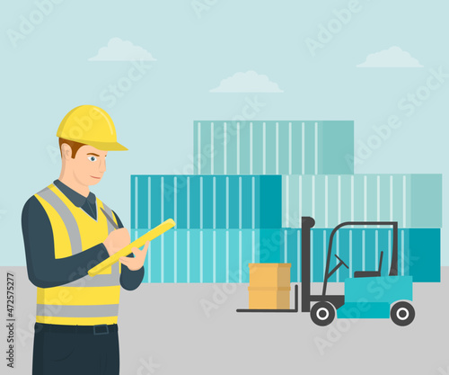 Foreman control loading Containers box from Cargo freight ship in Warehouse shipping transportation concept.