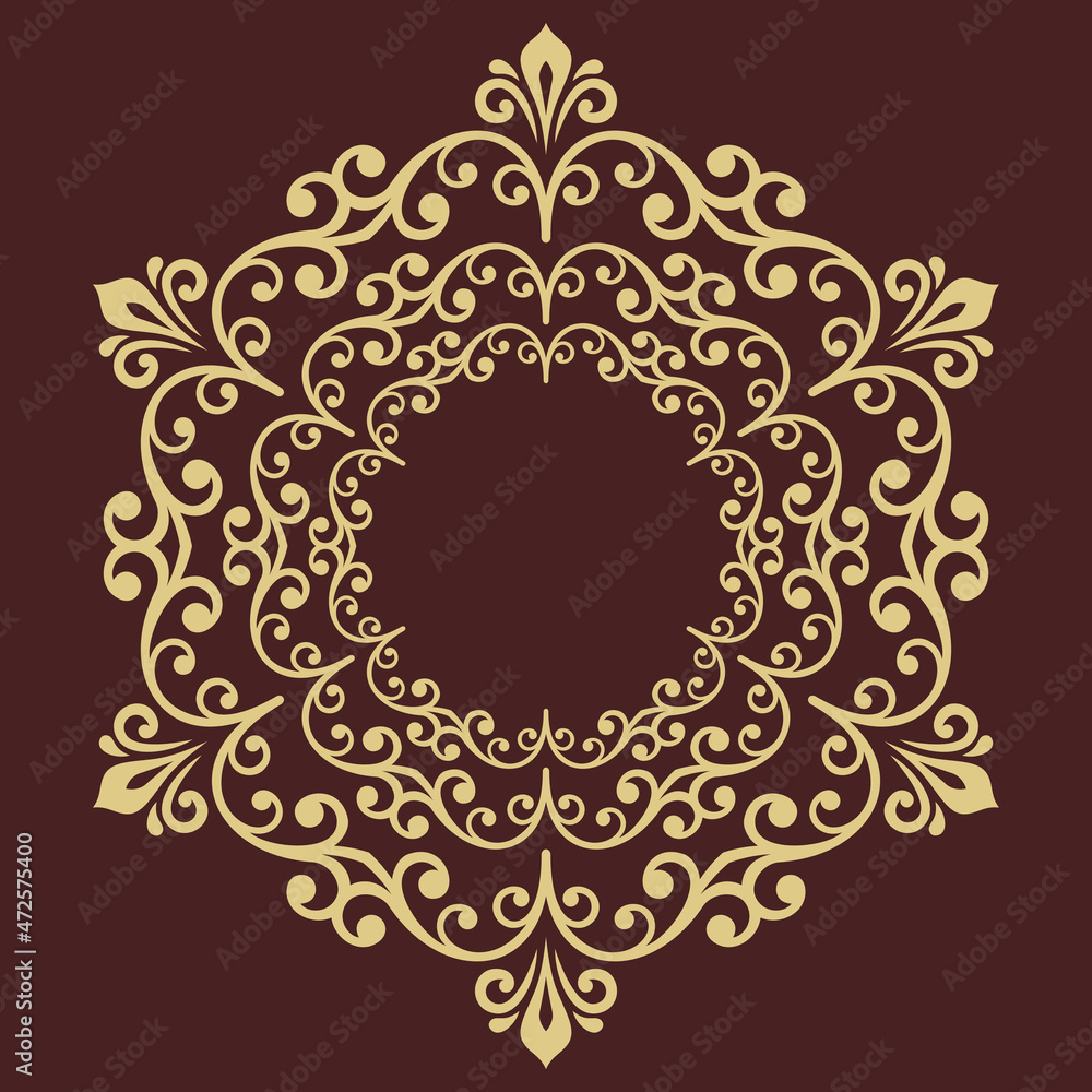 Oriental pattern with arabesques and floral elements. Traditional classic round golden ornament. Vintage pattern with arabesques Oriental pattern with arabesques and floral elements. Traditional classic round golden ornament. Vintage pattern with arabesques