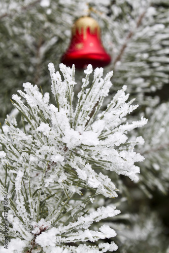 Red glass bell among pine branches covered with snow. Festive decoration. New Year. 
