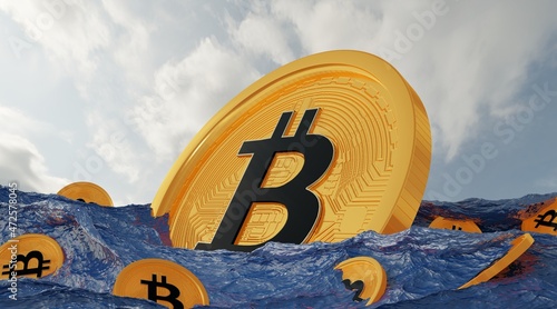 Bitcoin flowing on a ocean.BTC is sinking same liquidity concept .3D Rendering.