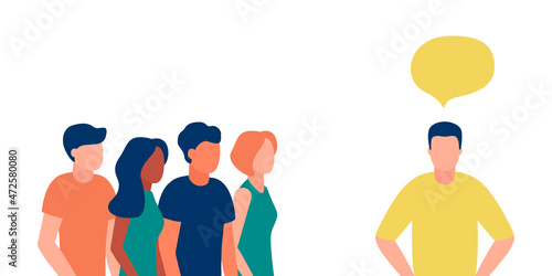 Group multicultural people communication with message of leader. Human relationship in dialog. Group communication. Crowd people and leader boss. Vector illustration