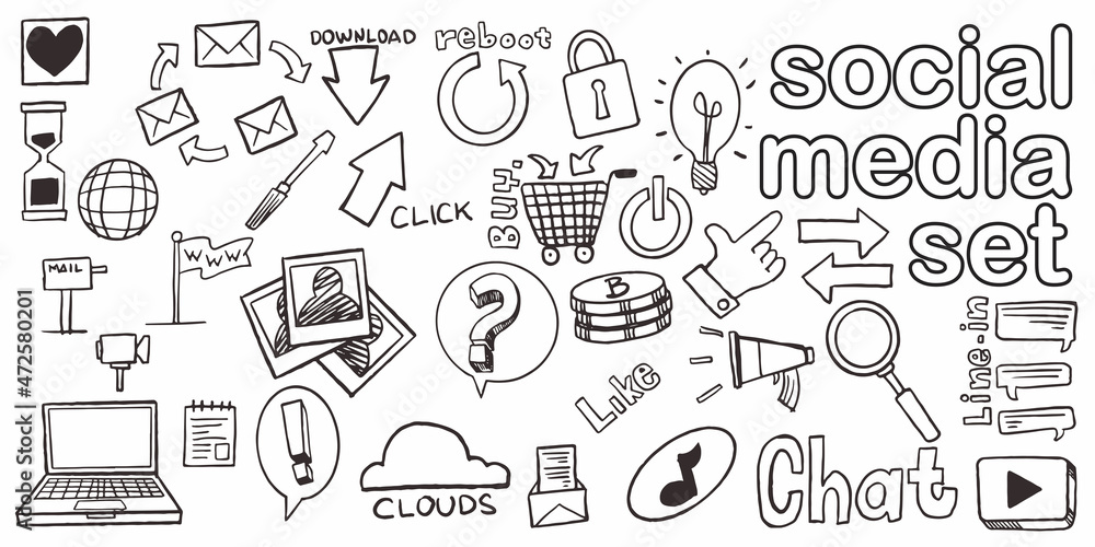 Set of hand drawn doodle social media for sales promotion isolated on white background. Set of hand drawn doodle social media for sales promotion isolated on white background.