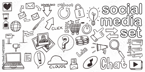 Set of hand drawn doodle social media for sales promotion isolated on white background.