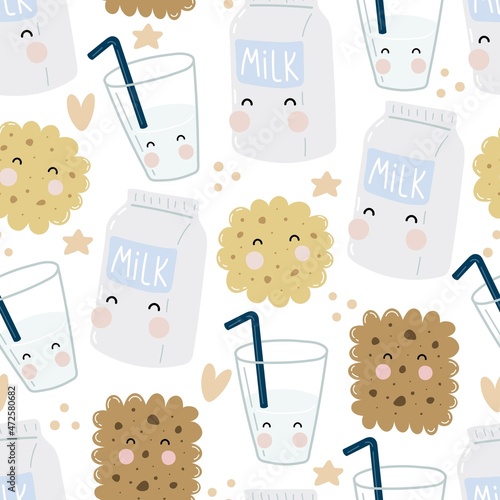 Seamless pattern with cartoon milk, cookies, decor elements. colorful vector. hand drawing, flat style. design for fabric, print, textile, wrapper