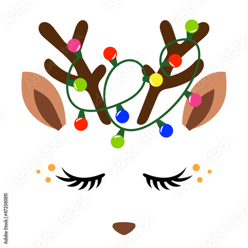 Deer Head, reindeer face with beautiful lashes. Vector illustration for card and shirt design for autumn holidays. Scandinavian design, good for clothes, baby shower, nursery decoration.