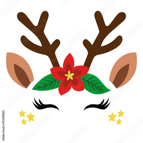 Deer Head, reindeer face with beautiful lashes. Vector illustration for card and shirt design for autumn holidays. Scandinavian design, good for clothes, baby shower, nursery decoration.