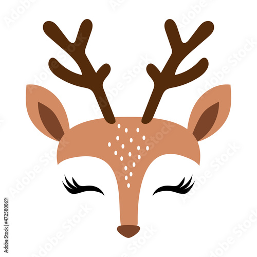 Deer Head, reindeer face with beautiful lashes. Vector illustration for card and shirt design for autumn holidays. Scandinavian design, good for clothes, baby shower, nursery decoration.