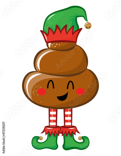 Elf Shit - Cute smiling happy poop in christmas elf costume. Vector flat cartoon character in kawaii style. Xmas poop, shit character. Holy crap. Good for t-shirt, mug, gift.