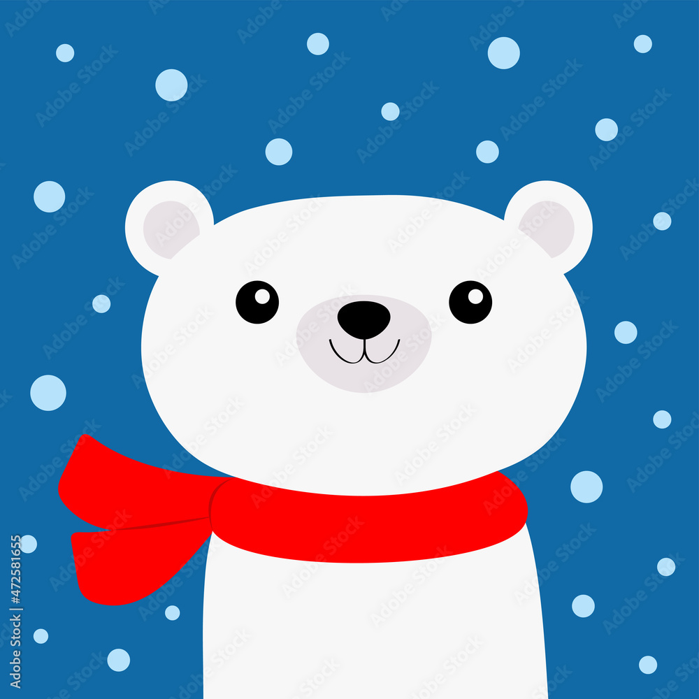 Polar white bear cub face in red scarf. Cute cartoon kawaii baby character. Merry Christmas. Happy New Year. Arctic animal. Flat design Hello winter. Blue snow flake background. Polar white bear cub face in red scarf. Cute cartoon kawaii baby character. Merry Christmas. Happy New Year. Arctic animal. Flat design Hello winter. Blue snow flake background.