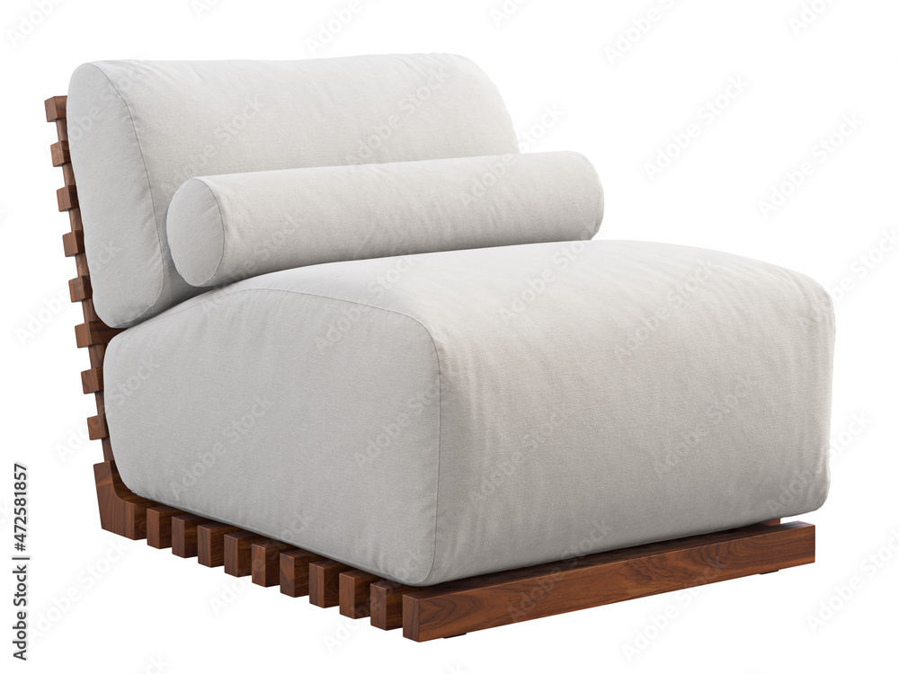 Obraz premium Modern outdoor chair with wooden base and white fabric upholstery. 3d render
