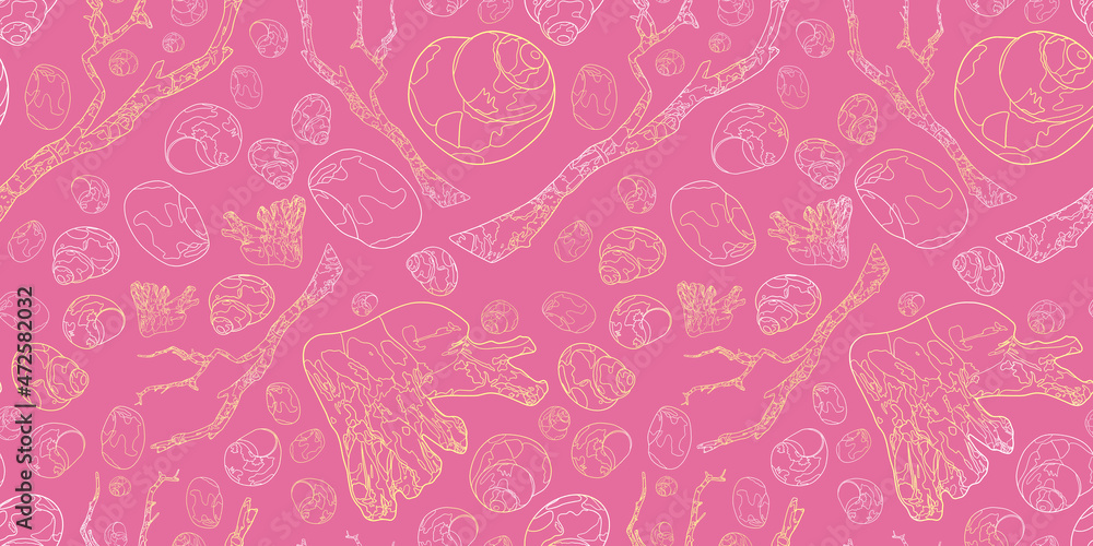 White yellow shells and branches on a pink background. Seamless pattern. Sea background. White yellow shells and branches on a pink background. Seamless pattern. Sea background.
