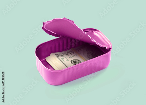 Pop art collage pink sardines can on with dollars inside on a light blue background