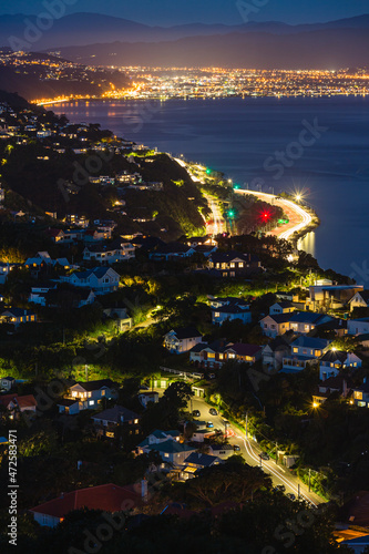 ニュージーランド 首都ウェリントンのウェリントン・タウン・ベルトの丘から見えるウェリントン港の夜景と街並み © pespiero