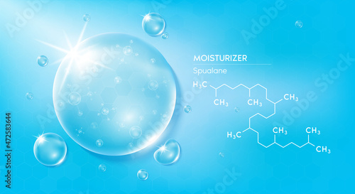 Drop water moisturizer blue and structure squalane molecule. Vitamin solution with Chemical formula from nature saturated compound. Beauty treatment nutrition skin care medical. 3D Realistic Vector.