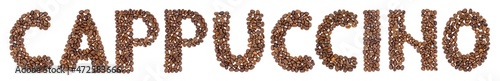 Cappuccino inscription made of coffee beans
