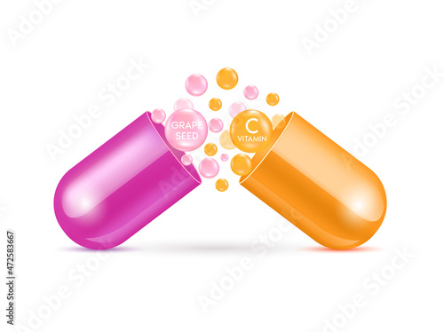 Drop purple Grape seed solution Serum and orange vitamin C in capsule. On white background. Use for face skin rejuvenation, beauty products medical concepts. 3D Realistic Vector EPS10.