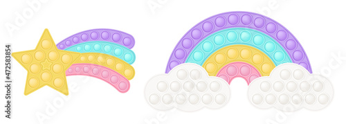 Popit figure star tail and pastel rainbow as a fashionable silicon toy for fidgets. Addictive anti stress toy in pastel colors. Bubble developing pop it toys for kids. Vector illustration isolated on