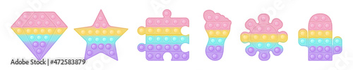 Set of various forms pop it a fashionable rainbow fidget toys. Addictive anti stress toy in pastel colors. Bubble sensory trendy popit for kids. Vector illustration isolated on a white background.