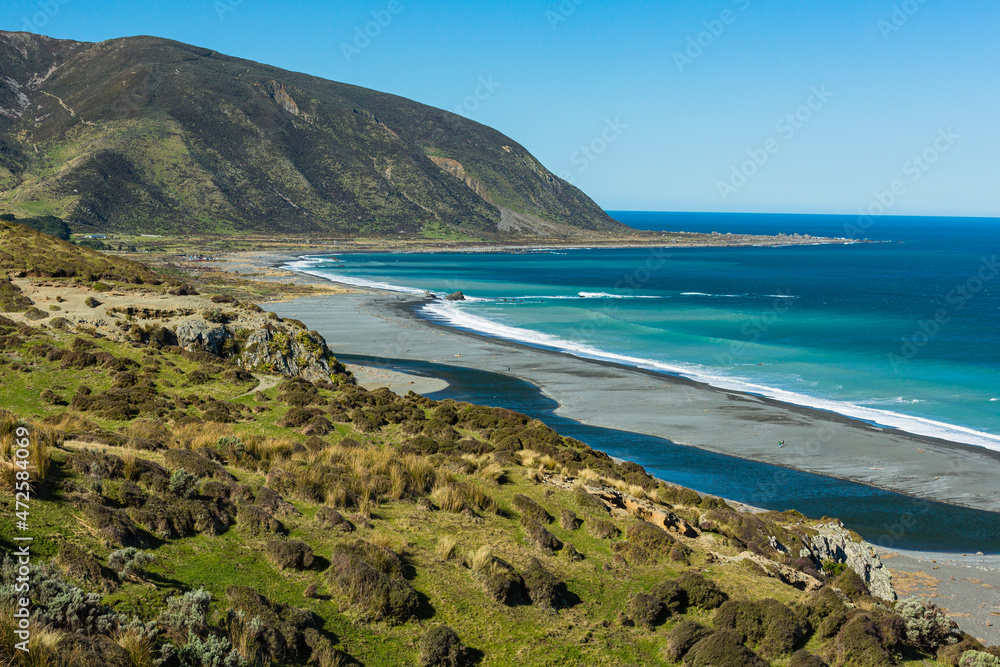 ニュージーランド　首都ウェリントンの近郊のワイヌイオマタのイースト・ハーバー・リージョナル・パークの丘から見えるビーチとクック海峡