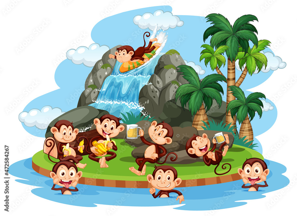 Obraz premium Isolated island with many monkeys cartoon character