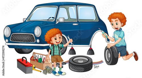 Dad and son fixing a car together on white background