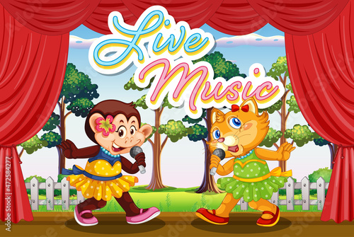 Cat and monkey performing singing on stage