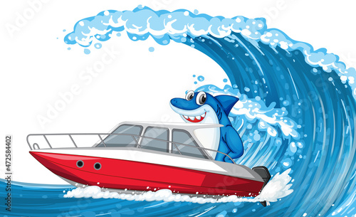 Shark on speed boat with ocean wave