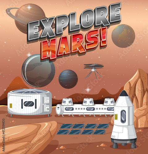 Space station on planet with Explore Mars logo