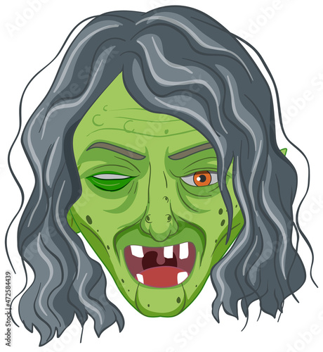 Wicked old witch face on white background