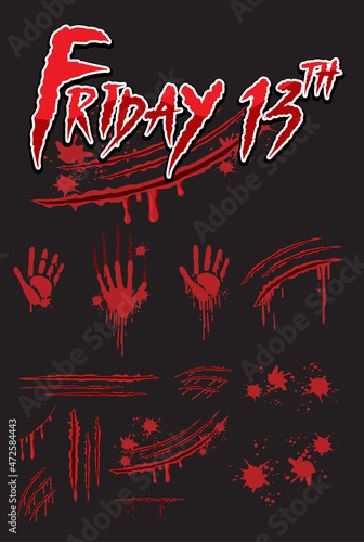 Friday 13th text design with bloody hand prints