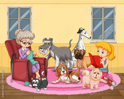 Grandma knitting with many dogs