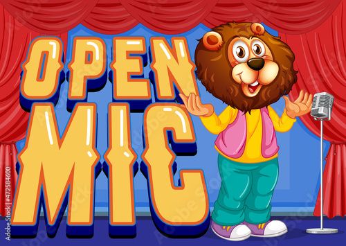 Open Mic Banner Design With Lion Cartoon Performing Singing