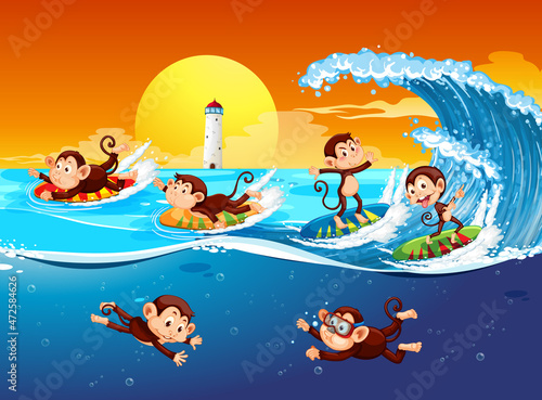 Beach scene with monkeys surfing