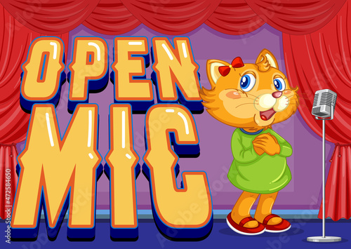 Open Mic Banner Design With Little Cat Performing Singing