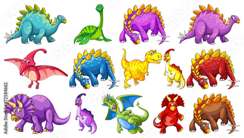 Different dinosaurs cartoon character and fantasy dragons isolated