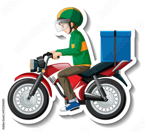 A sticker template with delivery man on motorcycle
