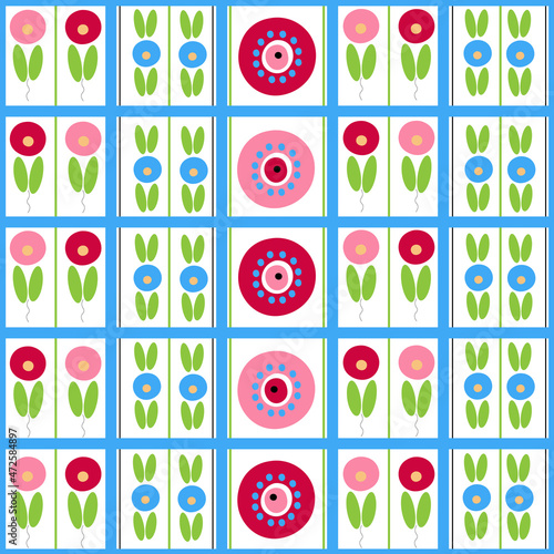 Seamless pattern with flowers and leaves. Ornament in a blue cage. Suitable for paper, fabric, wallpaper, background. Vector graphics. 