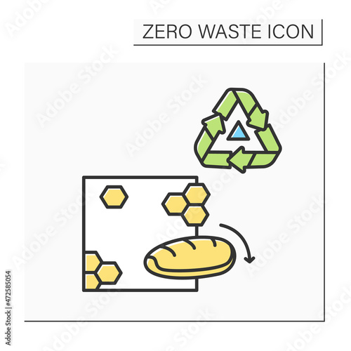 Beeswax food wrap color icon. Bread on biodegradable plastic alternative wrapping material with recycling. Zero waste and recyclable packaging concept. Isolated vector illustration
