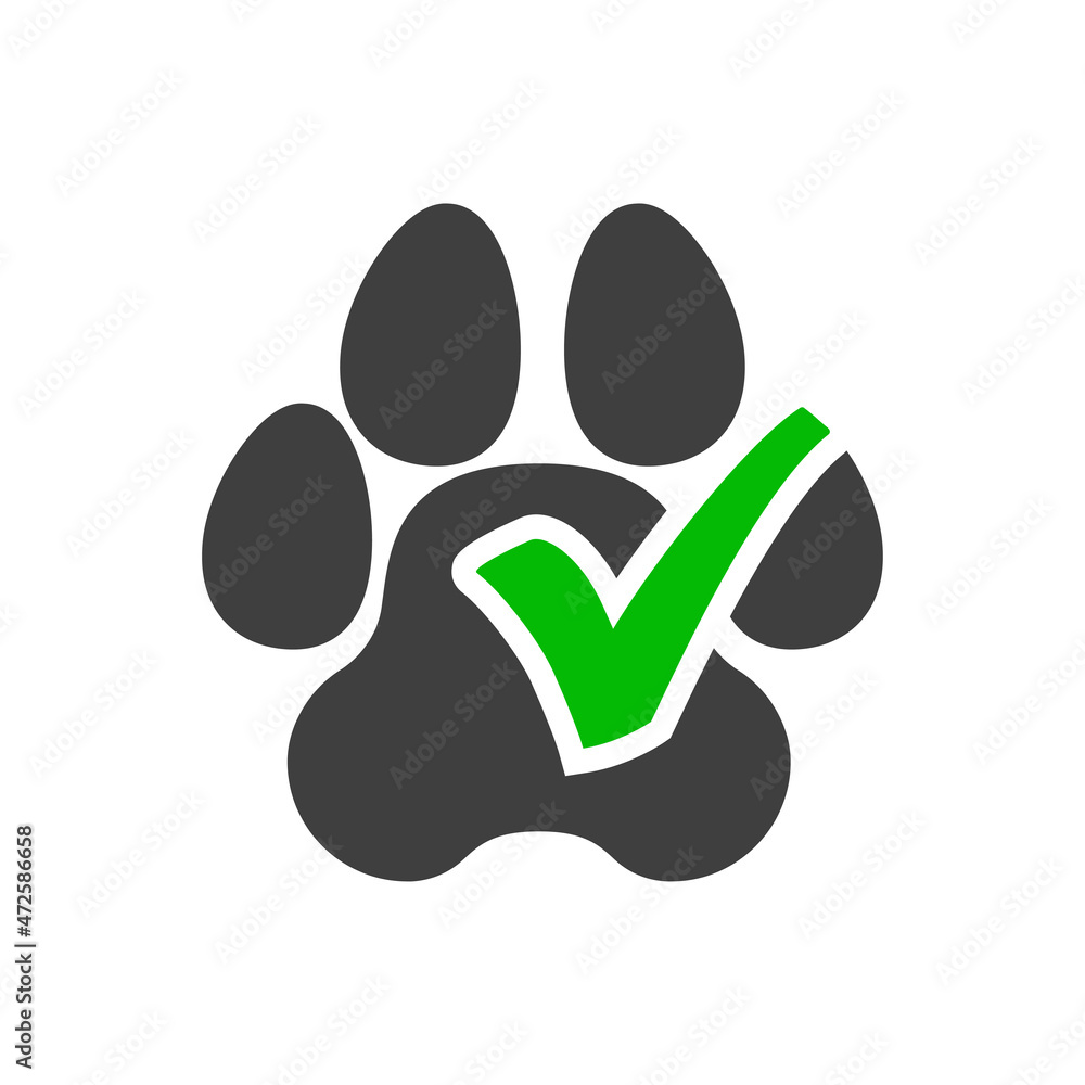 Pet friendly. Logotipo con silueta de zarpa de gato o perro con forma de casilla de verificación con checkmark en color verde y gris Pet friendly. Logotipo con silueta de zarpa de gato o perro con forma de casilla de verificación con checkmark en color verde y gris