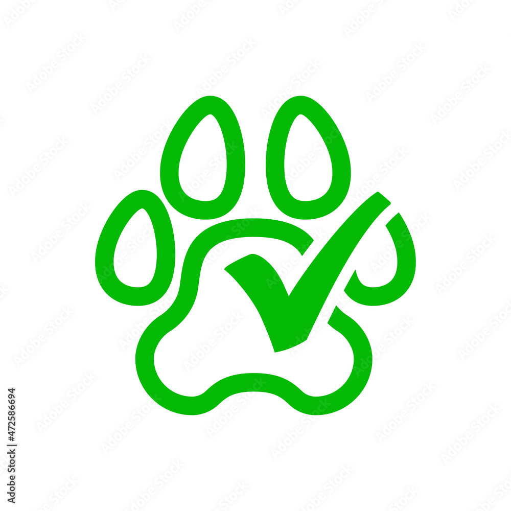 Pet friendly. Logotipo con silueta de zarpa de gato o perro con forma de casilla de verificación con checkmark con líneas en color verde Pet friendly. Logotipo con silueta de zarpa de gato o perro con forma de casilla de verificación con checkmark con líneas en color verde