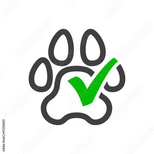 Pet friendly. Logotipo con silueta de zarpa de gato o perro con forma de casilla de verificación con checkmark con líneas en color verde y gris