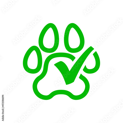 Pet friendly. Logotipo con silueta de zarpa de gato o perro con forma de casilla de verificación con checkmark con líneas en color verde