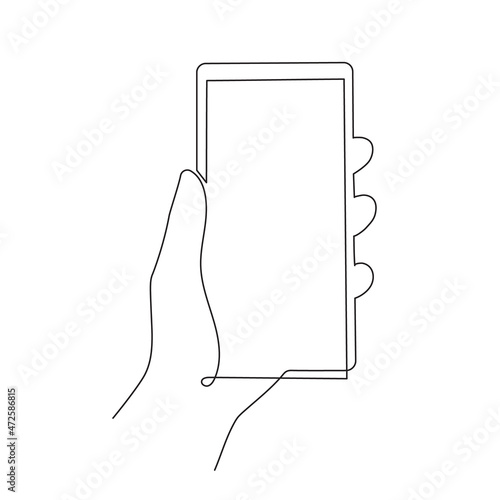 Hand holding smartphone one line art, continuous contour. Mobile device with blank screen.Doodle, sketch style, minimalist design. Editable stroke. Isolated. Vector illustration