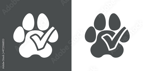 Pet friendly. Logotipo con silueta de zarpa de gato o perro con forma de casilla de verificación con checkmark en fondo gris y fondo blanco