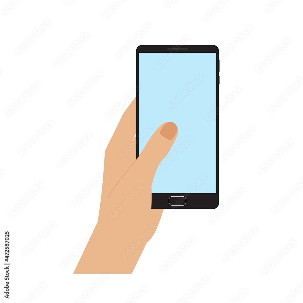 Hand holding smartphone, flat style, catroon. Mobile device with blank screen. Flat style, minimalist design. Space for your picture or text. Isolated. Vector illustration Hand holding smartphone, flat style, catroon. Mobile device with blank screen. Flat style, minimalist design. Space for your picture or text. Isolated. Vector illustration