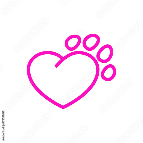 Love pet. Logotipo con zarpa de gato o perro con forma de corazón con líneas en color rosa