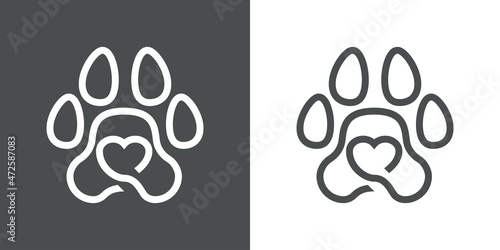 Love pet. Logotipo con zarpa de gato o perro con corazón con líneas en fondo gris y fondo blanco
