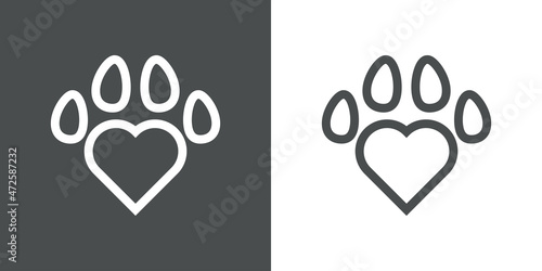 Love pet. Logotipo con zarpa de gato o perro con forma de corazón con líneas en fondo gris y fondo blanco