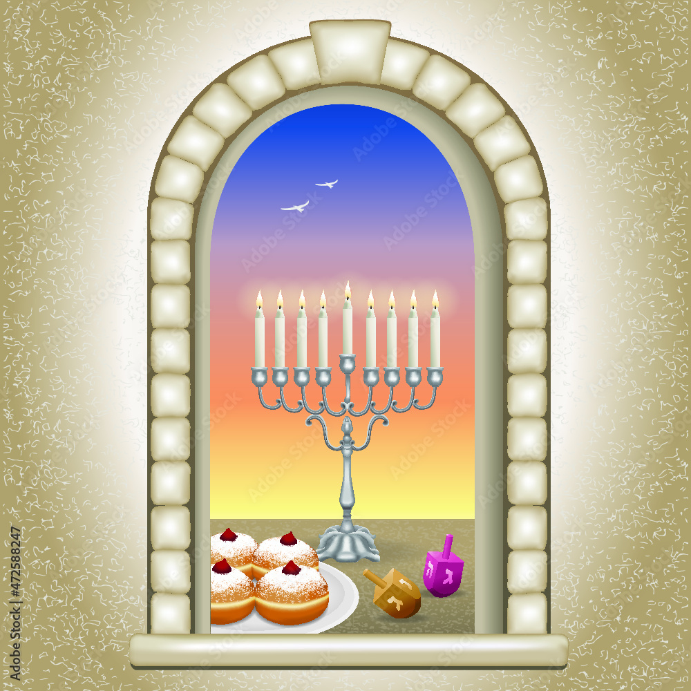 Design of an ancient window through which a menorah with lit candles